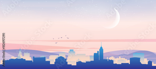 Panoramic poster of the city skyline with misty background buildings, hills sunrise, sunset and clouds of HONG KONG, CHINA
