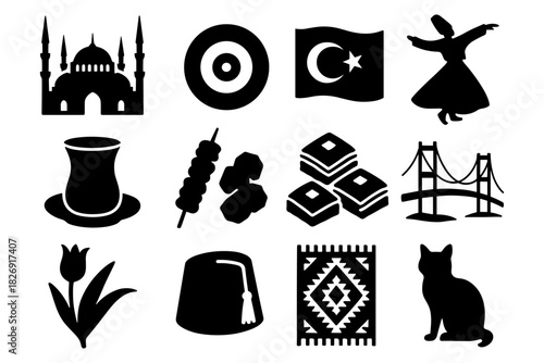 Turkish culture icons: silhouette art of architecture, cuisine, and tradition