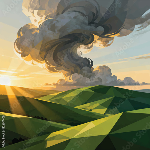 Illustration Of Gently Undulating Green Hills, Large Clouds Rolling Dramatically Vector Design Template
