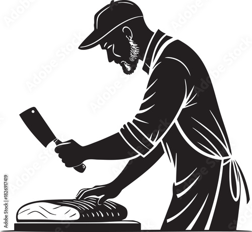 Silhouette of a bearded man in a cap and apron holding a cleaver, preparing food on a cutting board, professional chef or butcher at work.