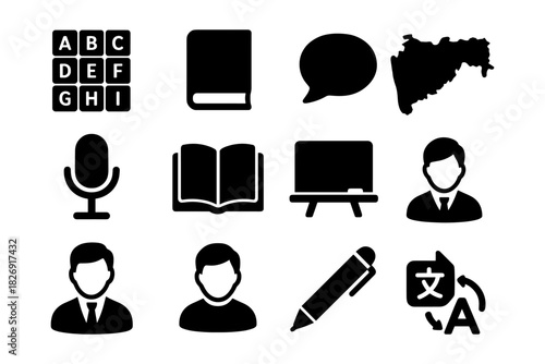 Educational icons set: school, language, silhouette designs for learning resources