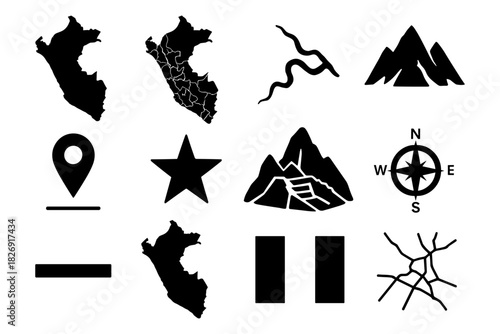 Peru icons: silhouette maps, compass, and mountain symbols for travel design