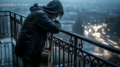Lonely guitarist in the rain overlooking city traffic at night with bokeh effect, conveying