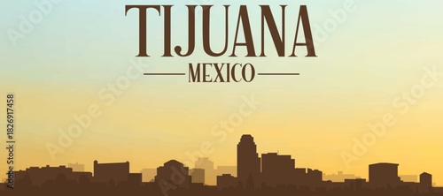Panoramic poster of the city skyline with misty background buildings, hills sunrise, sunset and clouds of TIJUANA, MEXICO