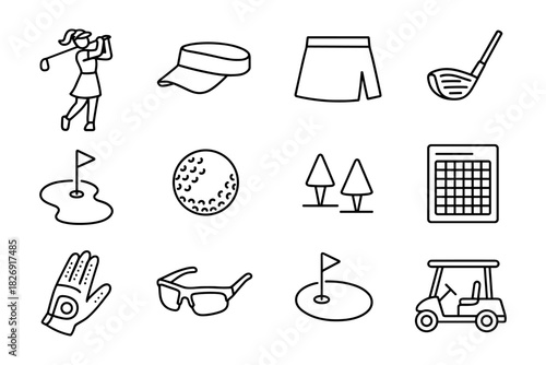 Golf equipment and activities line art icons set for sports enthusiasts