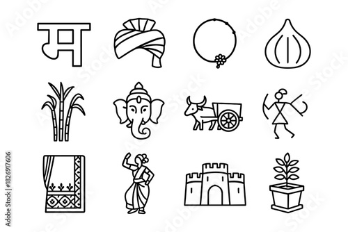 Indian culture icons set with traditional symbols in linear style