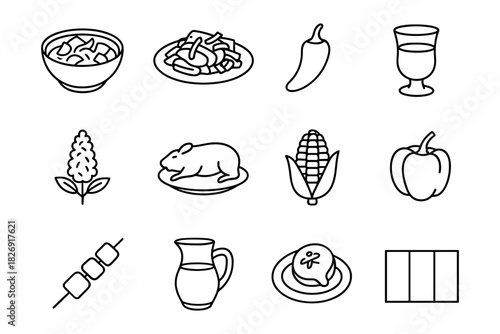 Linear icons of food: line art icons of drinks, vegetables, and meals