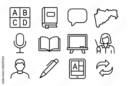 Education and learning icons set featuring books, teacher, and tools in simple linear style