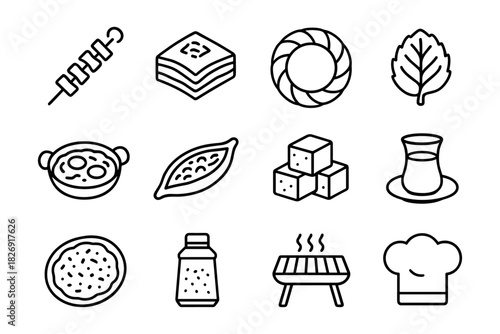 Turkish cuisine icons set: traditional food and drink line art collection