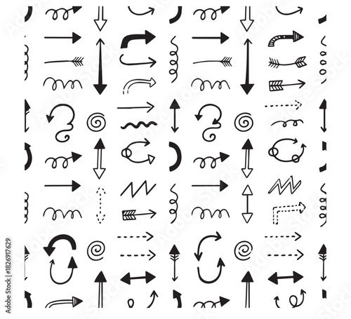 Seamless black and white arrow patterns for design elements, navigation, and web backgrounds to indicate direction and flow