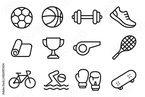 Sports equipment icons set: minimalist linear design featuring fitness, ball games, and leisure activities