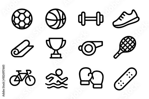 Sports equipment icons: soccer, basketball, fitness, and more in bold line art