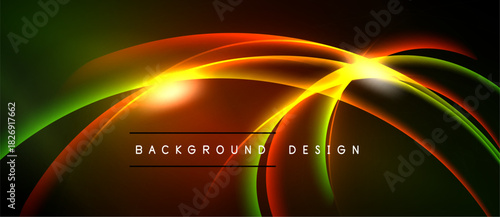 Abstract vibrant design. Dynamic curves, glowing lines create energetic visual impact. Dark background enhances luminosity, modern aesthetic.