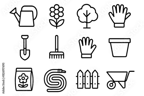 Gardening tools and plants in simple linear design for outdoor enthusiasts