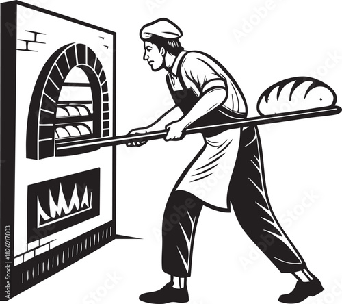 Baker skillfully baking fresh artisan bread in a traditional brick oven using a long wooden peel, a classic illustration for food