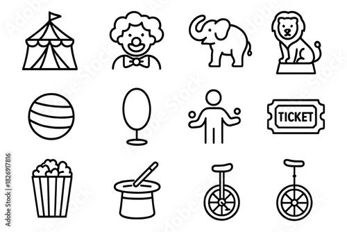 Circus icons set: clown, tent, elephant, lion, juggling, and more in linear design