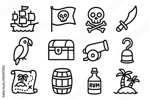 Pirate icons: ship, jolly roger, skull, sword, parrot, treasure, cannon, hook, map, barrel, rum, island