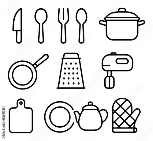Essential kitchen icons collection in outline style for home and cooking projects