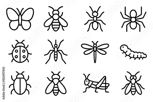 Simple line icons of insects including ants, bees, spiders, and more
