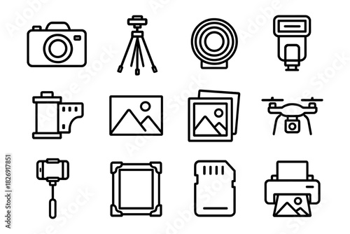 Photography equipment icons in minimalist outline style