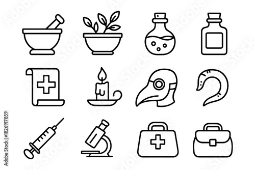 Outline icons of alchemy and medicine: potions, herbs, and antique tools