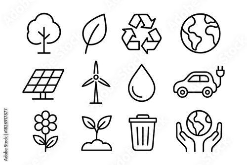 Eco-friendly line icons for sustainable practices and renewable energy concepts