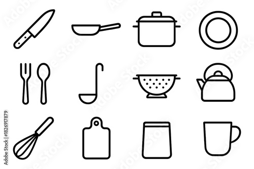 Essential kitchen icons collection in minimal linear style