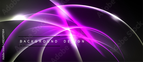 Abstract purple light streaks form flowing curves. Dark background emphasizes bright, dynamic design elements. Text reads background design.