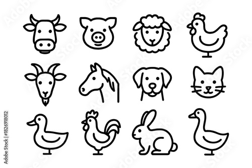 Simple animal line icons: farm animals and pets collection