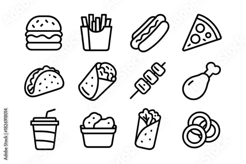 Minimalist outline icons of classic fast food items for modern design