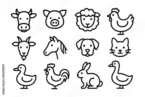 Minimalist farm animal icons: simple black line art collection for modern designs