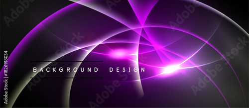 Abstract purple light streaks form curved shapes over dark background. Design includes text background design. Brightness creates dynamic visual effect.