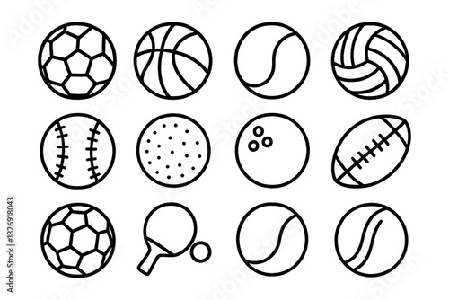 Collection of black and white sports ball icons in simple line style