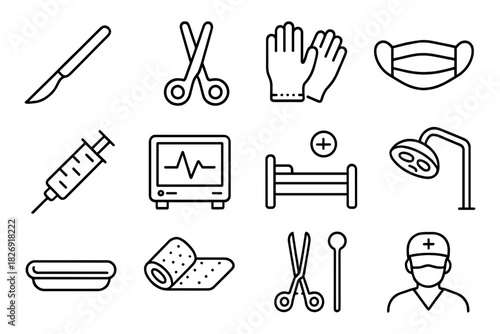 Medical icons set: surgical tools, protective gear, and monitoring equipment in outline style