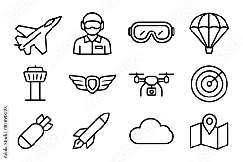 Aviation and aeronautics icons in minimal linear style