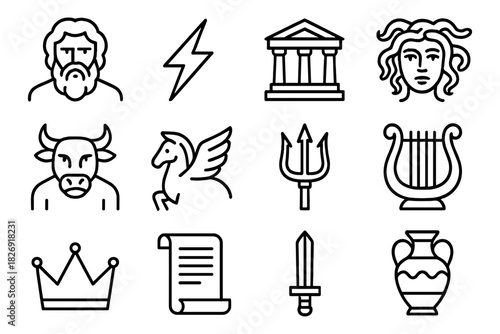 Greek mythology icons: classic linear symbols featuring gods, creatures, and artifacts
