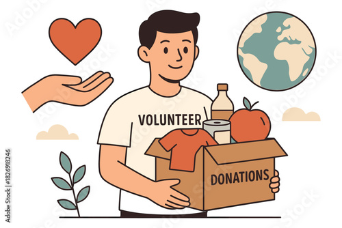Volunteer with donation box and heart symbol for charity and global care