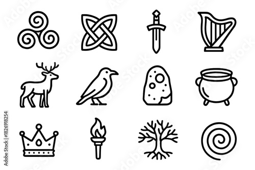 Celtic icons collection: triskelion, knot, sword, harp, deer, raven, rock, cauldron, crown, torch, tree, spiral