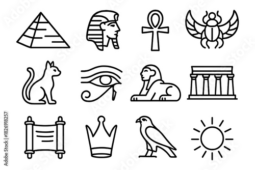 Ancient egypt icon set: symbolic linear designs featuring pharaohs and mythology