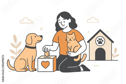 Charity for pets: woman donating to animal shelter with dog and cat