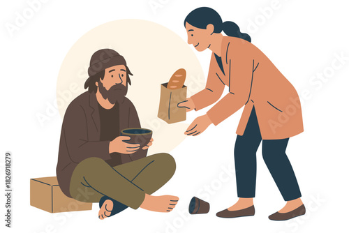 Helping hand: woman sharing food with man in need