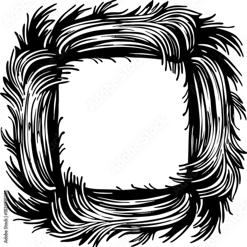 Black and white square frame made of stylized flowing hair