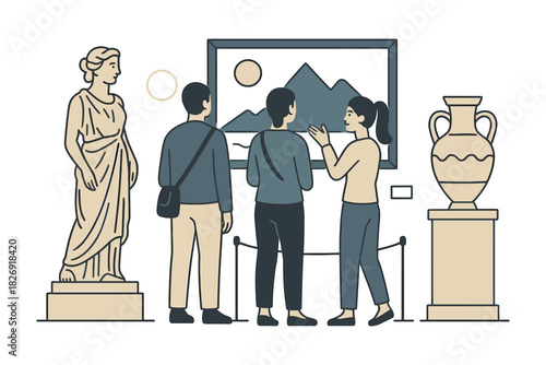 Art museum visitors viewing classical sculptures and landscape painting