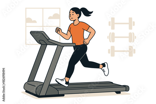 Young woman running on treadmill in modern home gym setting