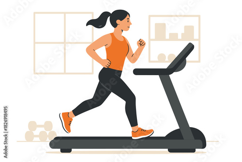 Woman exercising on treadmill in modern gym setting with minimalist design