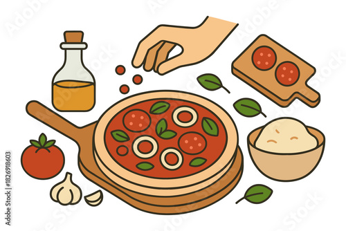 Flat style pizza preparation with ingredients like tomato, basil, and garlic