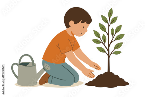 Child planting a tree with watering can in flat style for nature conservation and learning