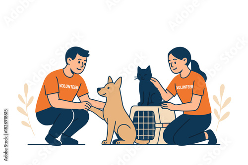 Animal shelter volunteering: people caring for dogs and cats in flat design