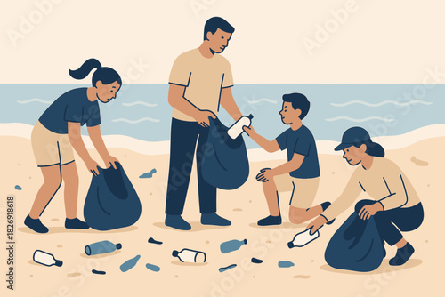Volunteers collecting plastic waste on a beach: group cleanup effort
