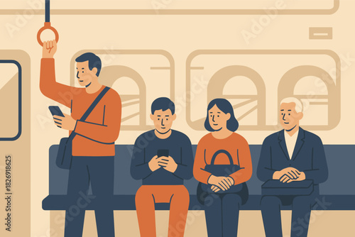 Commuters engaged with smartphones on subway in minimalist design